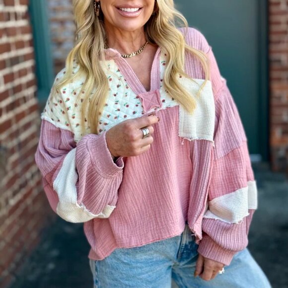 POL Womens Oversized Quilted Floral Patchwork Top SZ S Pink Cottage Boho - Picture 13 of 14